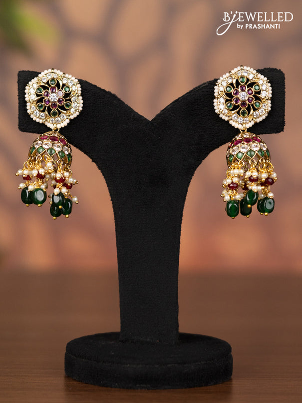 Antique jhumka with kemp & cz stones and pearl & green beads hangings