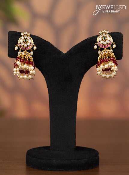 Antique jhumka with kemp & cz stones and pearl & pink beads hangings