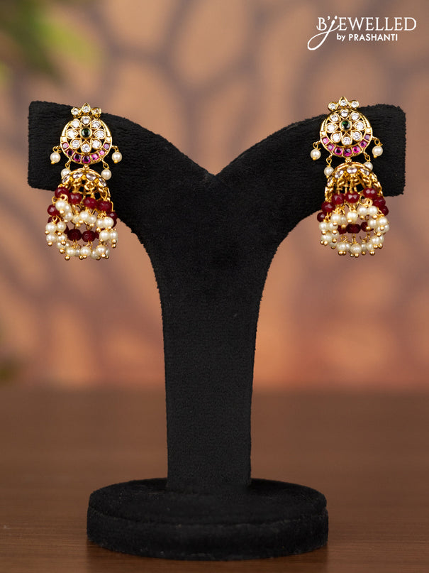 Antique jhumka with kemp & cz stones and pearl & pink beads hangings