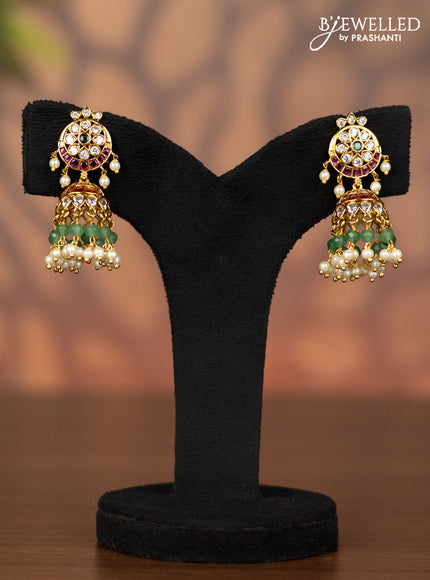 Antique jhumka with kemp & cz stones and pearl & mint green beads hangings