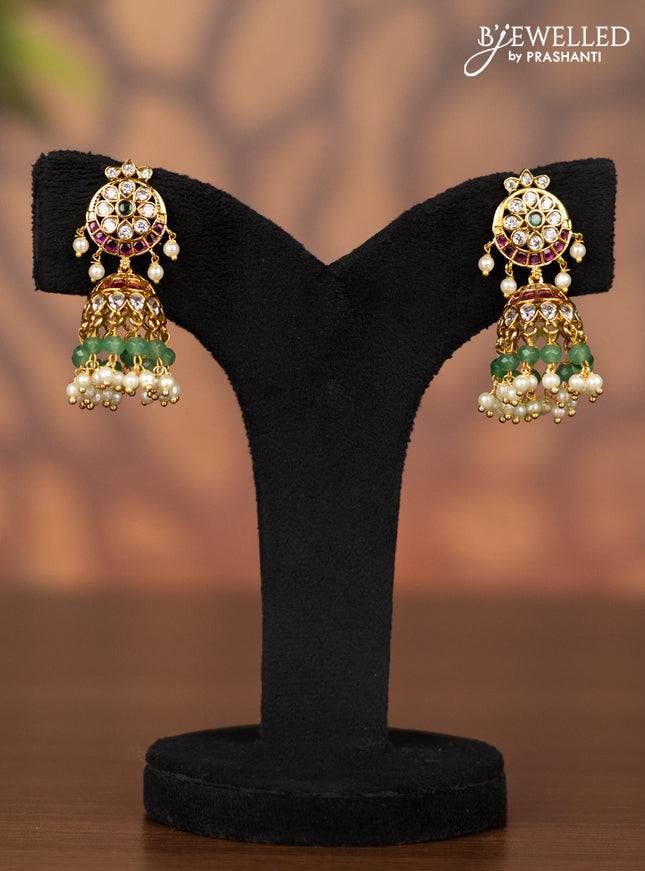Antique jhumka with kemp & cz stones and pearl & mint green beads hangings