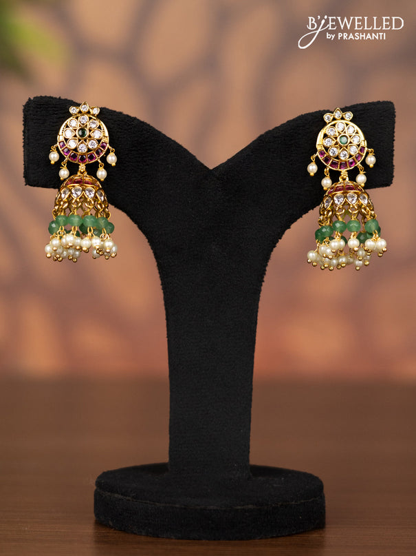 Antique jhumka with kemp & cz stones and pearl & mint green beads hangings