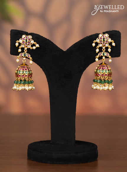 Antique jhumka with kemp & cz stones and pearl & mint green beads hangings
