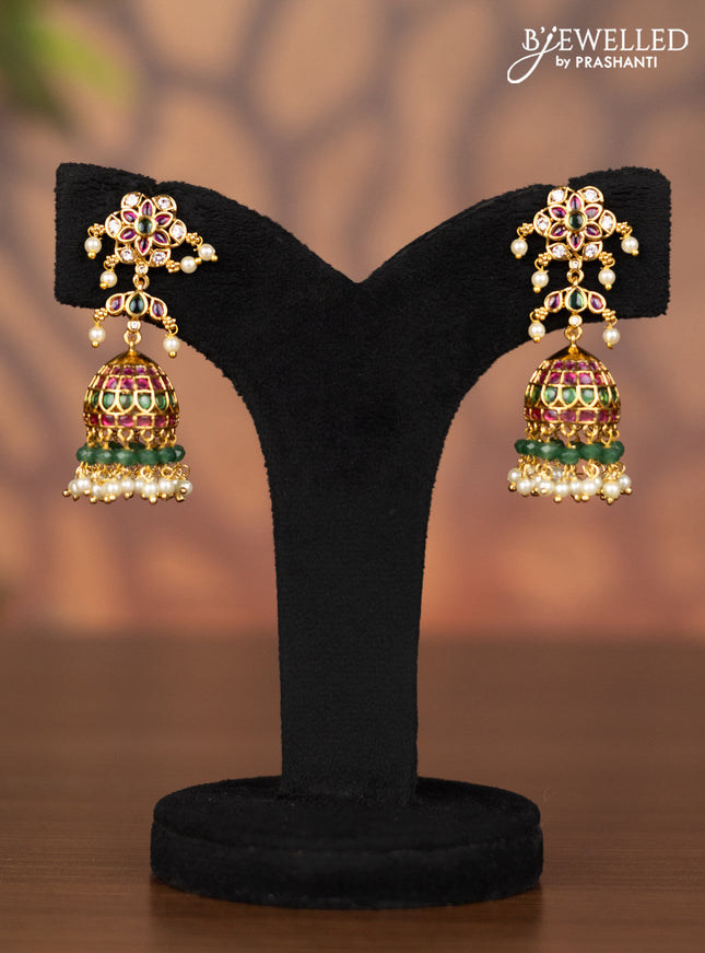 Antique jhumka with kemp & cz stones and pearl & mint green beads hangings