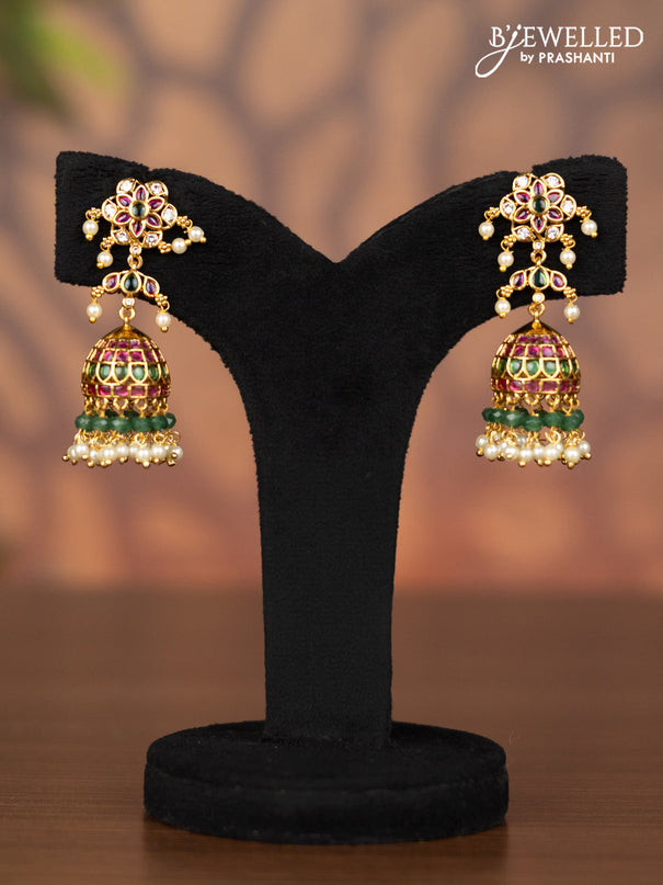 Antique jhumka with kemp & cz stones and pearl & mint green beads hangings