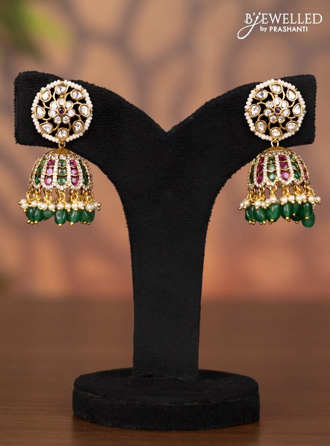 Antique jhumka with kemp & kundan cz stones and pearl & green beads hangings
