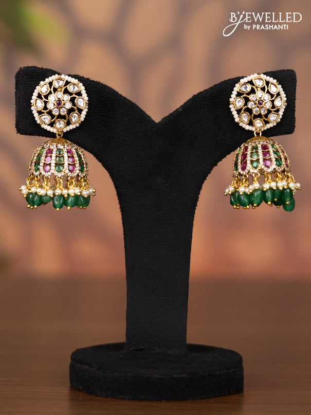 Antique jhumka with kemp & kundan cz stones and pearl & green beads hangings