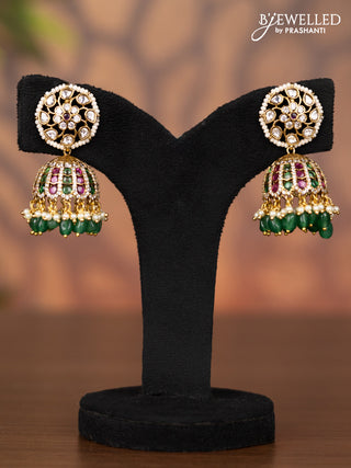 Antique jhumka with kemp & kundan cz stones and pearl & green beads hangings