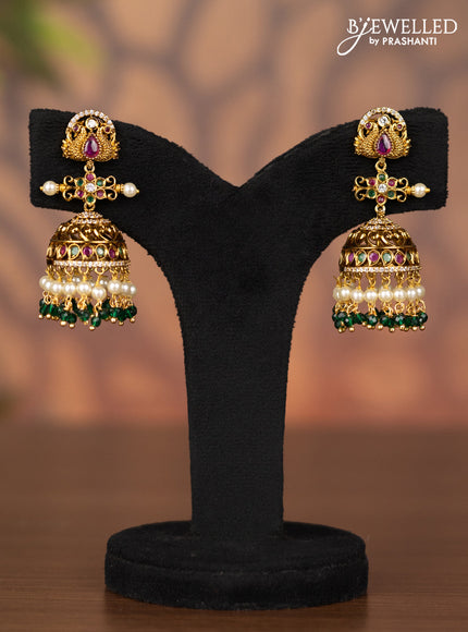 Antique jhumka with kemp & cz stones and beads hanging