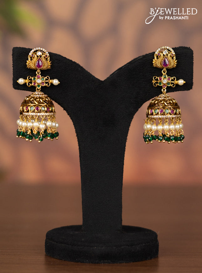 Antique jhumka with kemp & cz stones and beads hanging