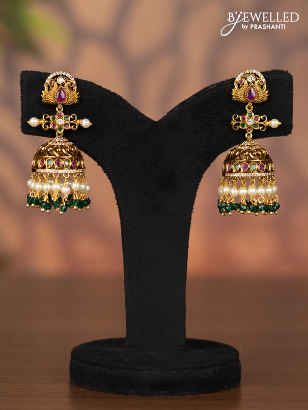 Antique jhumka with kemp & cz stones and beads hanging