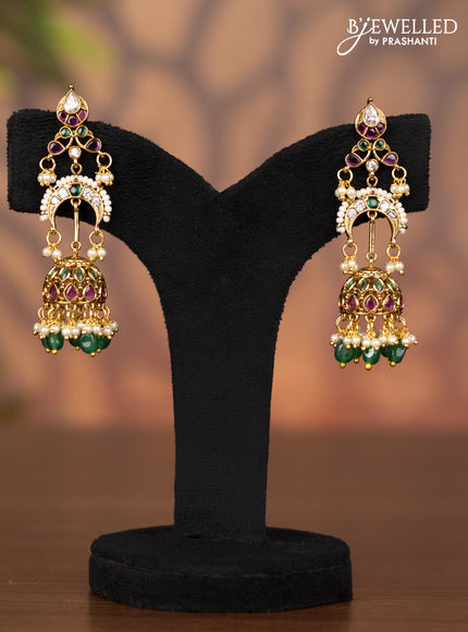 Antique jhumka with kemp & kundan stones and pearl & green beads hangings