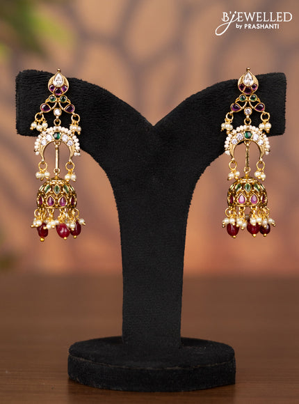 Antique jhumka with kemp & kundan stones and pearl & maroon beads hangings