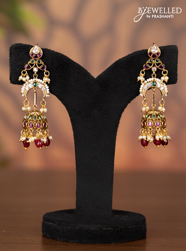 Antique jhumka with kemp & kundan stones and pearl & maroon beads hangings