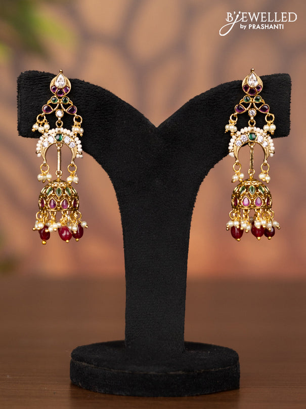 Antique jhumka with kemp & kundan stones and pearl & maroon beads hangings
