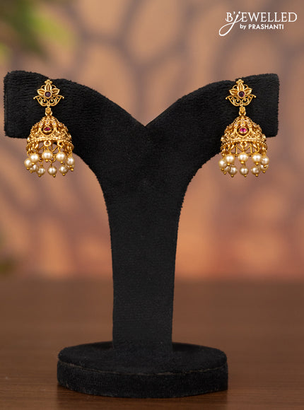 Antique jhumka with ruby & cz stones and pearl hangings