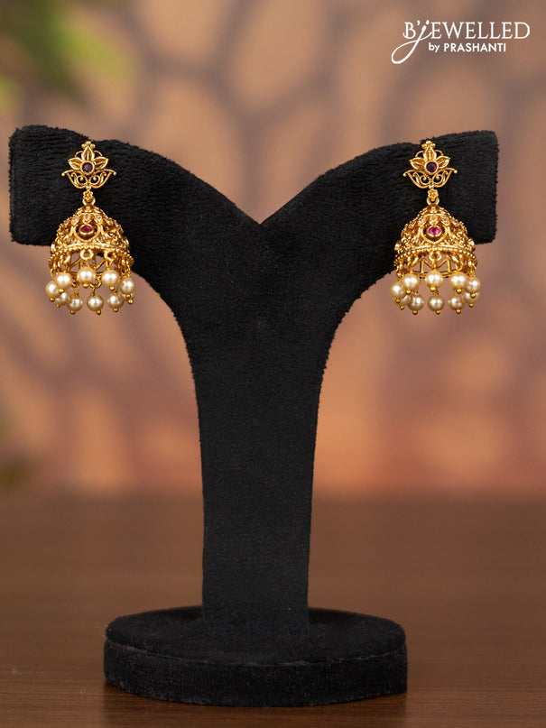 Antique jhumka with ruby & cz stones and pearl hangings