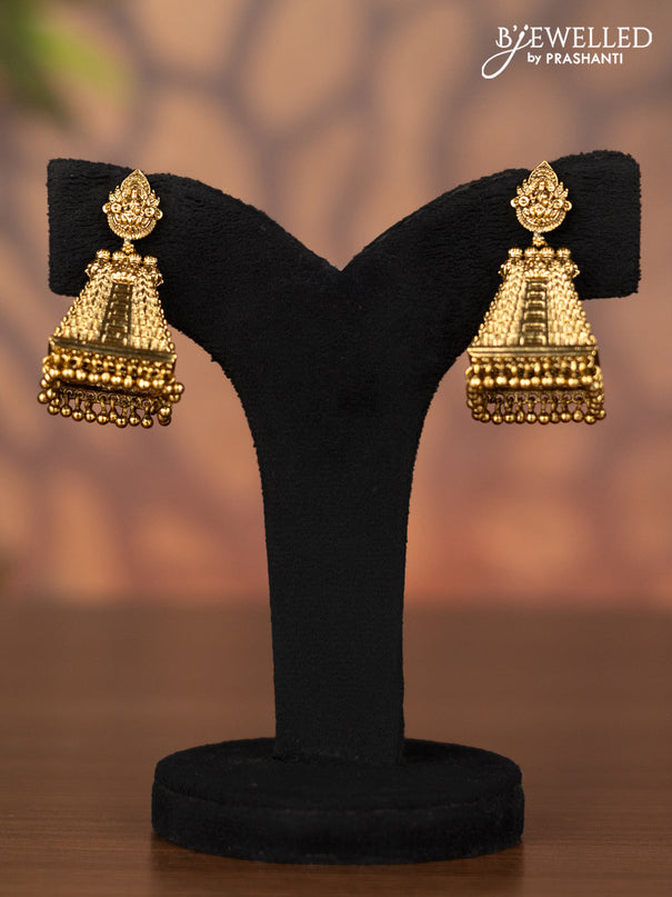 Antique jhumka with temple design and golden beads hangings