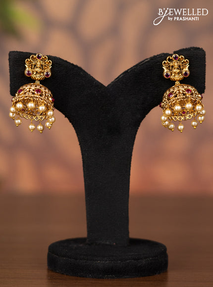 Antique jhumka lakshmi design with ruby stones and pearl hangings