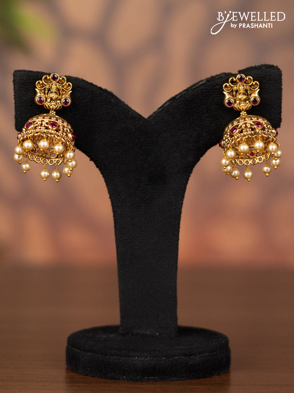 Antique jhumka lakshmi design with ruby stones and pearl hangings