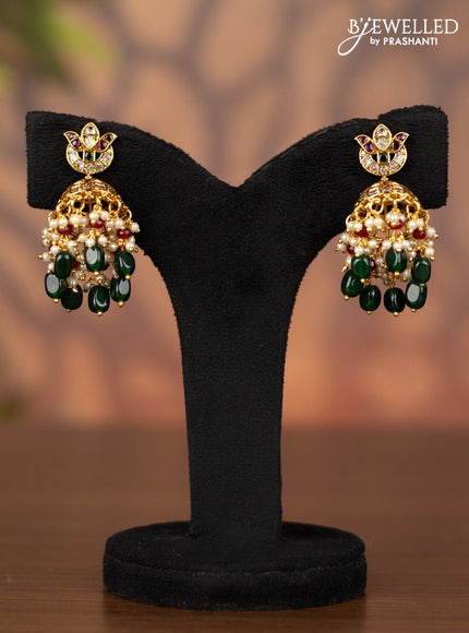 Antique jhumka with kemp & cz stones and pearl & green beads hangings