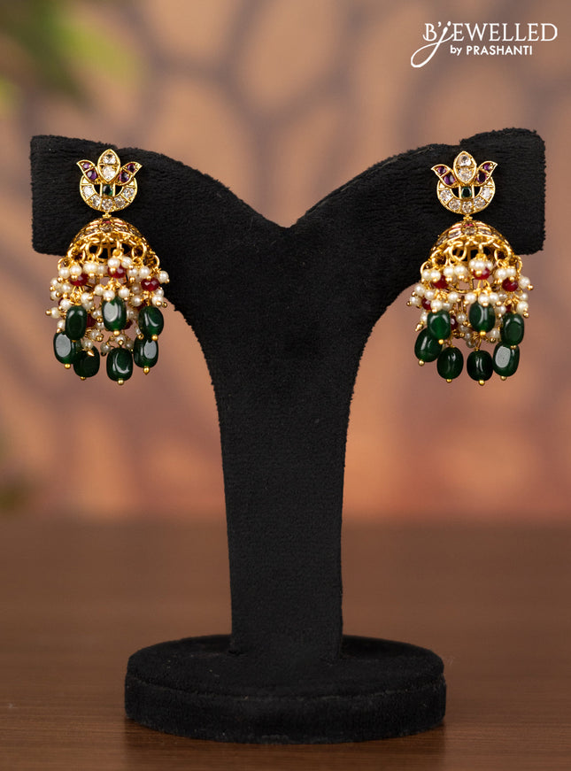 Antique jhumka with kemp & cz stones and pearl & green beads hangings