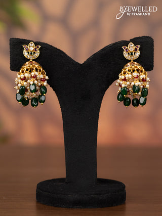 Antique jhumka with kemp & cz stones and pearl & green beads hangings