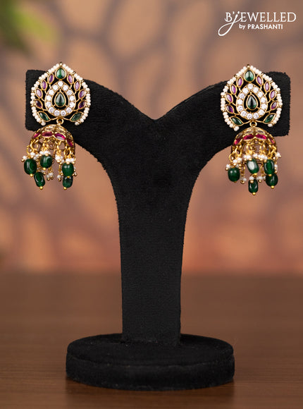 Antique jhumka with kemp & kundan stones and pearl & green beads hangings