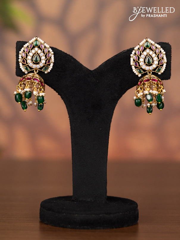 Antique jhumka with kemp & kundan stones and pearl & green beads hangings