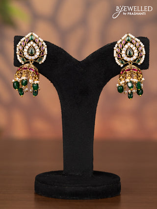 Antique jhumka with kemp & kundan stones and pearl & green beads hangings