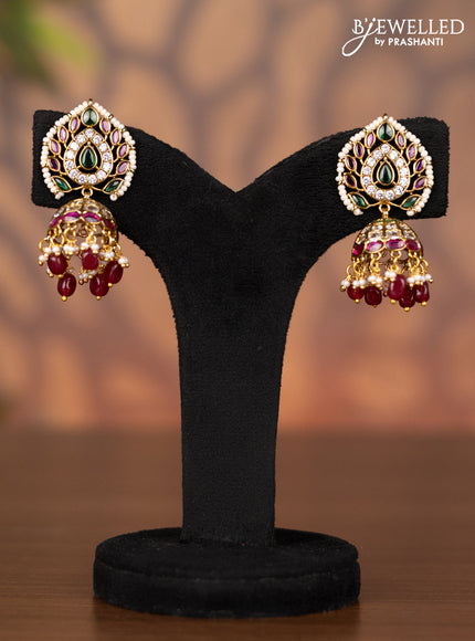 Antique jhumka with kemp & kundan stones and pearl & pink beads hangings