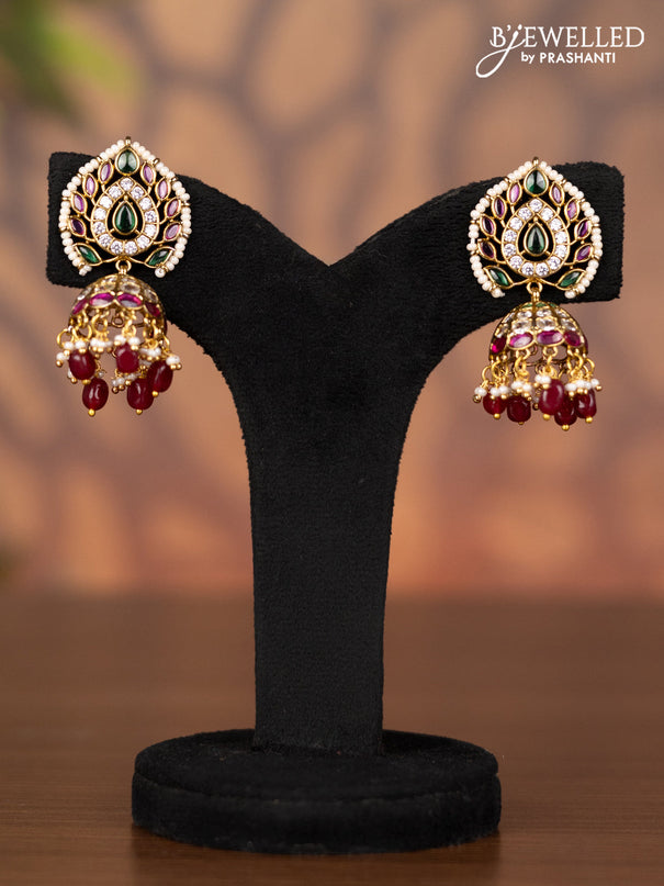 Antique jhumka with kemp & kundan stones and pearl & pink beads hangings