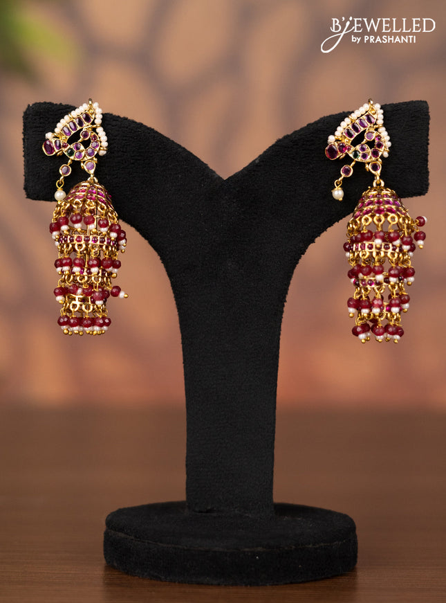 Antique multilayer jhumka with kemp stones and pink beads hangings