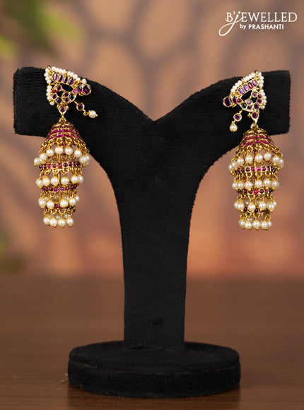 Antique multilayer jhumka with kemp stones and mint pearl hangings