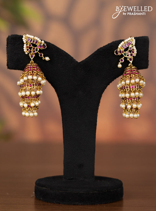 Antique multilayer jhumka with kemp stones and mint pearl hangings