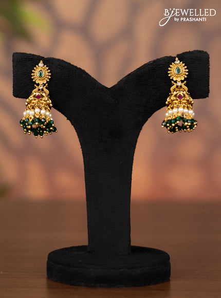 Antique jhumka with kemp & cz stones and pearl & green beads hangings