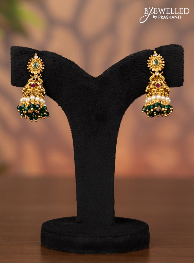 Antique jhumka with kemp & cz stones and pearl & green beads hangings