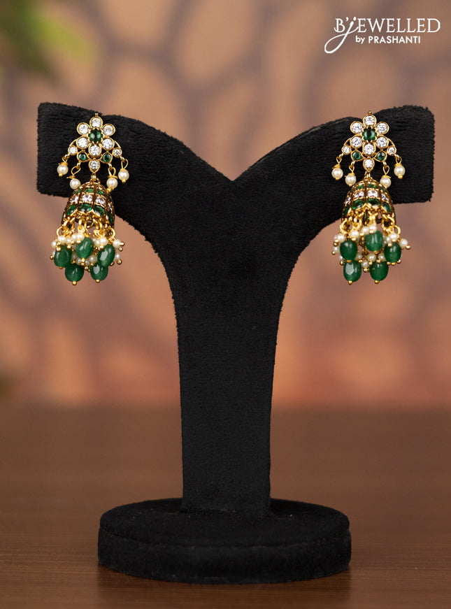 Antique jhumka with emerald & kundan stones and pearl & green beads hangings