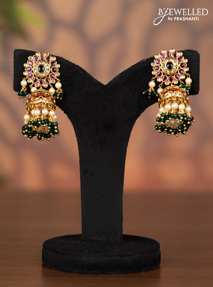 Antique jhumka with kemp & cz stones and pearl & green beads hangings