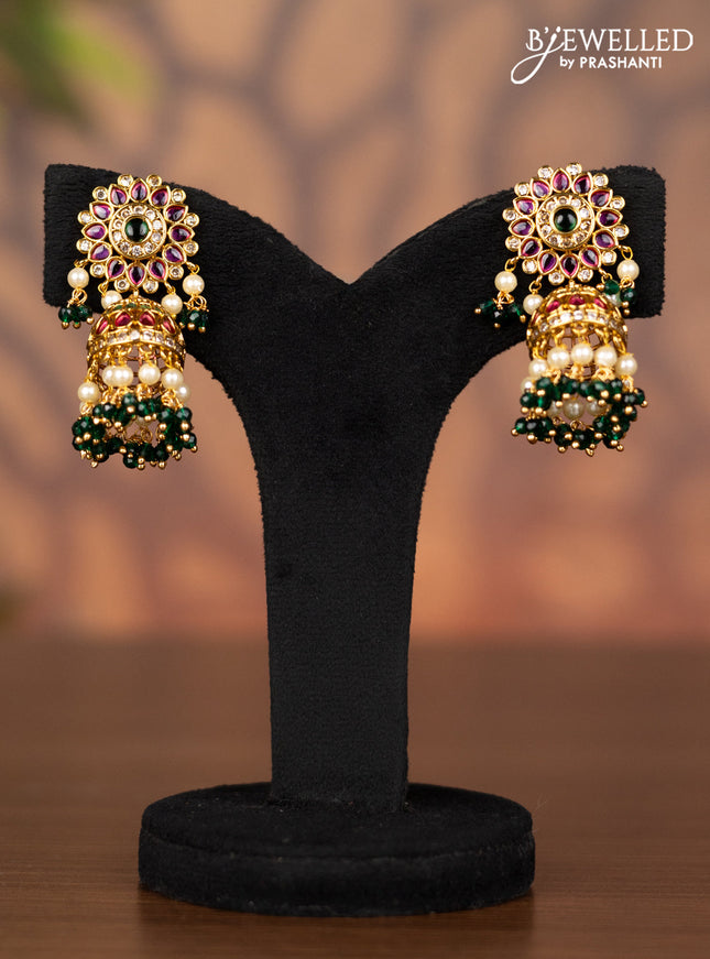 Antique jhumka with kemp & cz stones and pearl & green beads hangings