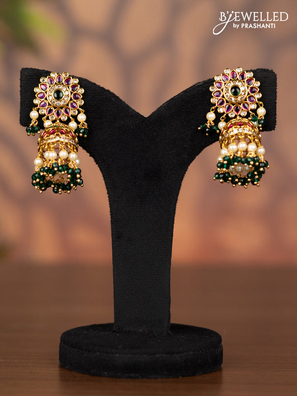 Antique jhumka with kemp & cz stones and pearl & green beads hangings