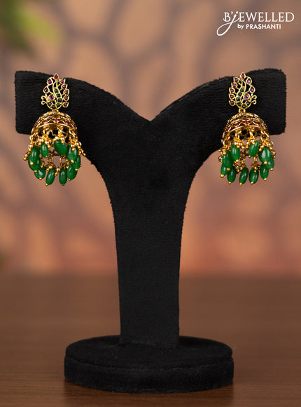 Antique jhumka with kemp stones and pearl & green beads hangings