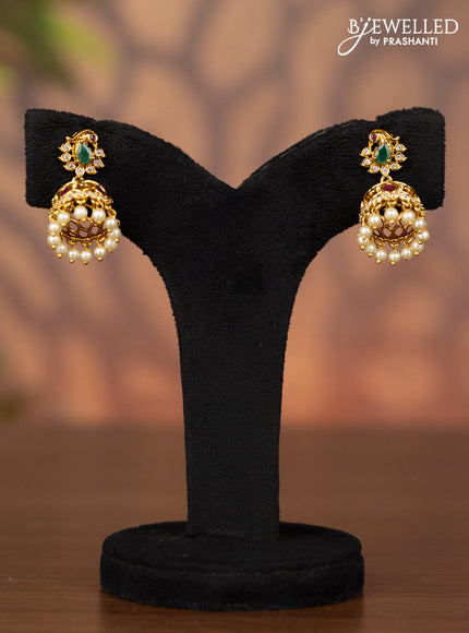 Antique jhumka with kemp & cz stones and pearl hangings