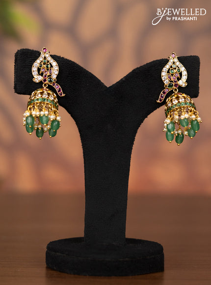 Antique jhumka with kemp & cz stones and pearl & mint green beads hangings