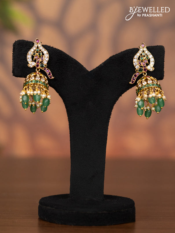 Antique jhumka with kemp & cz stones and pearl & mint green beads hangings