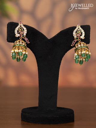 Antique jhumka with kemp & cz stones and pearl & mint green beads hangings
