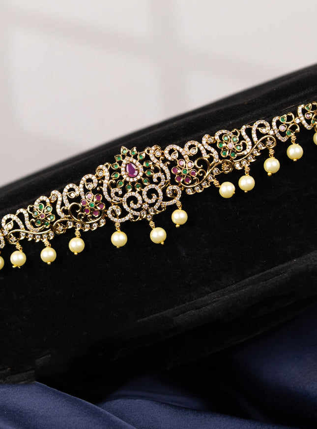 Antique hip chain with kemp & cz stones and pearl hangings
