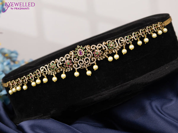 Antique hip chain with kemp & cz stones and pearl hangings