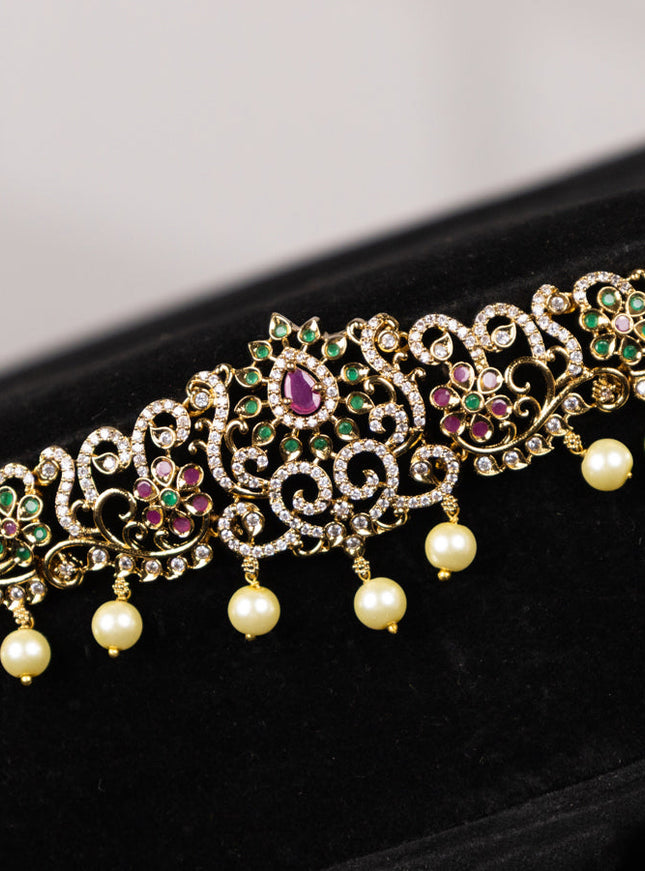 Antique hip chain with kemp & cz stones and pearl hangings