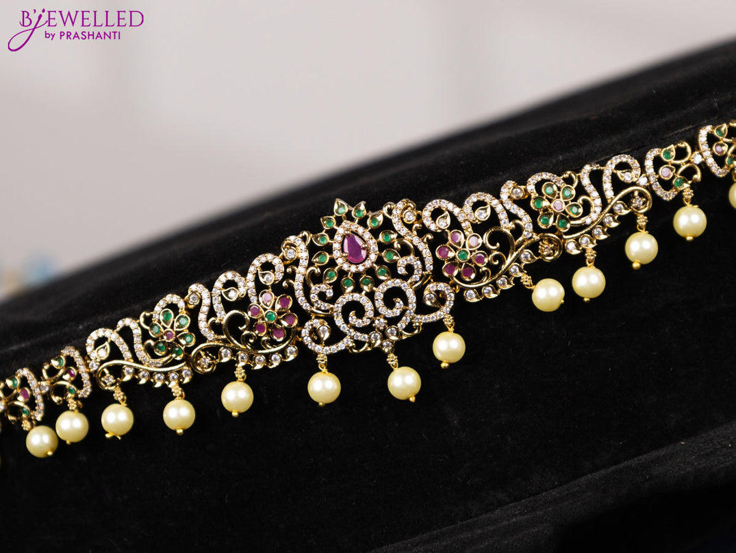 Antique hip chain with kemp & cz stones and pearl hangings